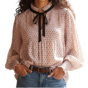 MAX STUDIO Taupe Black Pleated Swiss Dot Tie Neck Long Sleeve Blouse - Medium
